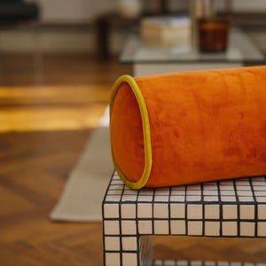Velvet Bolster Pillow with Contrast Piping - Long Lumbar Cushion