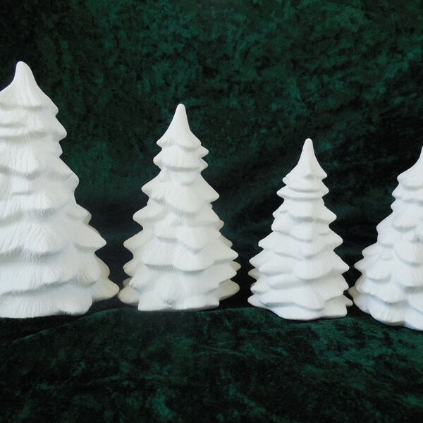 Set of Four Ceramic Bisque Christmas Trees Ready to Paint, UPaint Christmas Trees