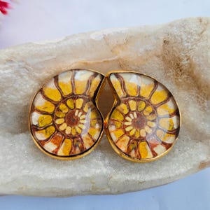 Rare Colour Ammonite Doublet Loose Gemstone Brass Earrings, Gold Plated Crystal Jewellery Earrings