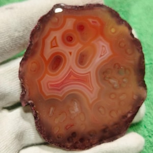 May include: A polished agate slice with concentric bands of orange, red, and white. The outer edge is a dark maroon color. The natural stone has a unique pattern, showcasing the mineral's internal structure. This decorative piece is ideal for collectors or as a unique home decor item.