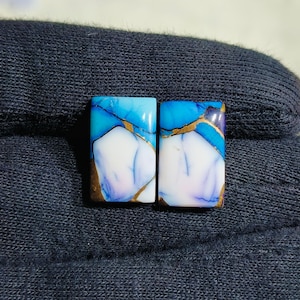 May include: Two rectangular cabochon gemstones with a striking pattern. The stones feature a mix of white, light blue, and dark blue hues, accented by gold-colored veins. The gemstones are set against a dark blue background.