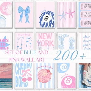 May include: A collection of digital wall art prints featuring a pink and blue colour palette. Designs include disco balls, bows, eight balls, starfish, drink tickets, cowboy boots, cherries, and text such as New York and Cowgirl Energy.