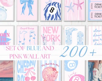 200 Preppy Blue and Pink Wall Art, Coquette Aesthetic Dorm Room Decor, Trendy Coastal Inspired Gallery Wall Prints