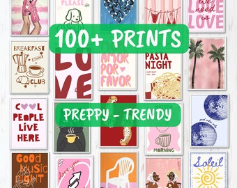 May include: A collection of framed art prints with various designs, including text, illustrations, and abstract patterns. The prints feature phrases like "Love," "Coffee Please," and "Good Vibes Only." The overall theme is preppy and trendy.