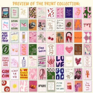 May include: A selection of art prints with diverse designs, including food, animal illustrations, and phrases. The prints use a pink, green, and white colour scheme, with text such as "Ciao Bella" and "Love". The phrase "Preview of the Print Collection" is at the top.