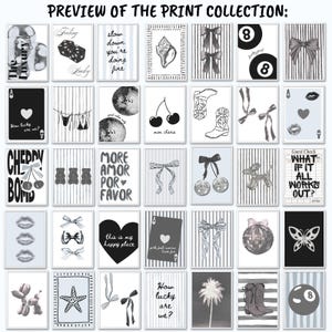 Pu&ograve; includere: Una collezione di trentacinque stampe artistiche rettangolari da parete con illustrazioni in bianco, nero e grigio di dadi, palle da discoteca, stivali da cowboy, fiocchi, ciliegie, carte da gioco, farfalle e testi come "What if it all works out?"