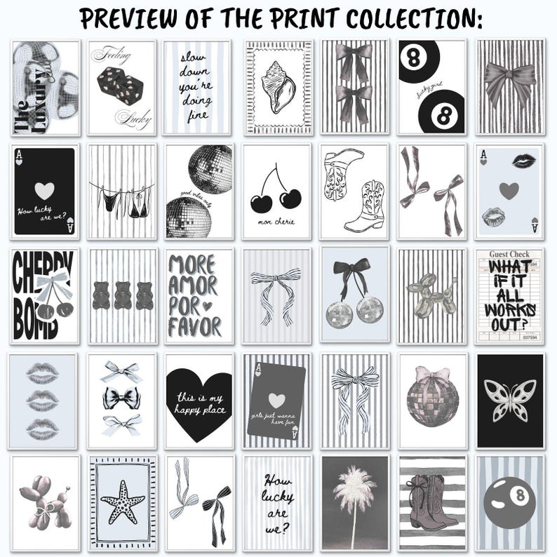 Pu&ograve; includere: Una collezione di trentacinque stampe artistiche rettangolari da parete con illustrazioni in bianco, nero e grigio di dadi, palle da discoteca, stivali da cowboy, fiocchi, ciliegie, carte da gioco, farfalle e testi come "What if it all works out?"