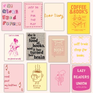 May include: A collection of sixteen rectangular art prints with various book-themed designs. The prints feature phrases like "Eat Sleep Read Repeat" and "Coffee & Books," along with illustrations of books and coffee cups. The color palette includes pink, yellow, and cream.