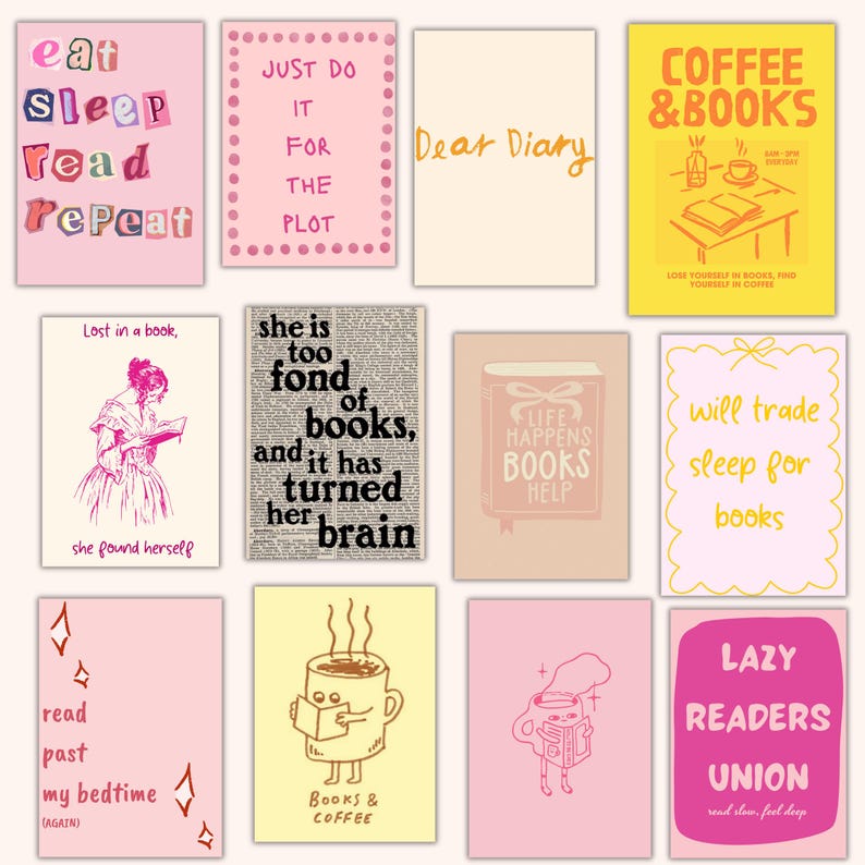 May include: A collection of sixteen rectangular art prints with various book-themed designs. The prints feature phrases like "Eat Sleep Read Repeat" and "Coffee & Books," along with illustrations of books and coffee cups. The color palette includes pink, yellow, and cream.