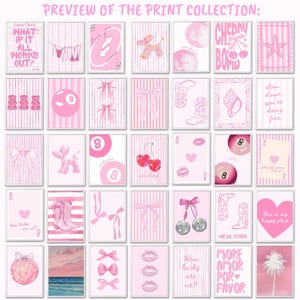 Puede incluir: Una colecci&oacute;n de treinta y cinco l&aacute;minas de arte mural rectangulares con una paleta de colores rosa. Los dise&ntilde;os incluyen ilustraciones de lazos, cerezas, botas vaqueras, bolas de discoteca, cartas, corazones, conchas y textos.