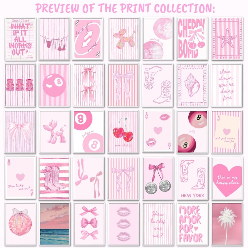 Puede incluir: Una colecci&oacute;n de treinta y cinco l&aacute;minas de arte mural rectangulares con una paleta de colores rosa. Los dise&ntilde;os incluyen ilustraciones de lazos, cerezas, botas vaqueras, bolas de discoteca, cartas, corazones, conchas y textos.