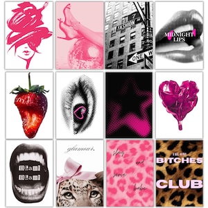 May include: A set of twelve art prints with a fashion theme. The prints feature images of lips, a strawberry, a leopard, and text including "Midnight Lips", "Fashion Ave", and "The Bad Bitches Club". The color palette is primarily black, white, and pink.