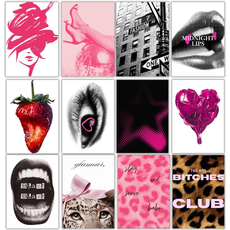 May include: A set of twelve art prints with a fashion theme. The prints feature images of lips, a strawberry, a leopard, and text including "Midnight Lips", "Fashion Ave", and "The Bad Bitches Club". The color palette is primarily black, white, and pink.