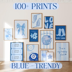 May include: A gallery wall collection of twelve framed art prints featuring blue and white designs including a bow, cherries, leopards, a disco ball, cowboy boots, drink tickets, an eight ball, a seashell, a starfish, and various text.