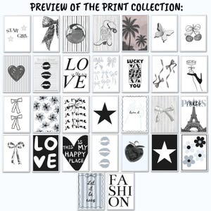 Pu&ograve; includere: Una collezione di trentaquattro stampe artistiche rettangolari da parete con disegni grafici in bianco e nero, tra cui stelle, fiocchi, cuori, labbra, fiori, la Torre Eiffel e testi come "STAR GIRL", "LOVE", "LUCKY YOU" e "FASHION".