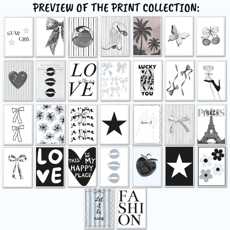 Pu&ograve; includere: Una collezione di trentaquattro stampe artistiche rettangolari da parete con disegni grafici in bianco e nero, tra cui stelle, fiocchi, cuori, labbra, fiori, la Torre Eiffel e testi come "STAR GIRL", "LOVE", "LUCKY YOU" e "FASHION".
