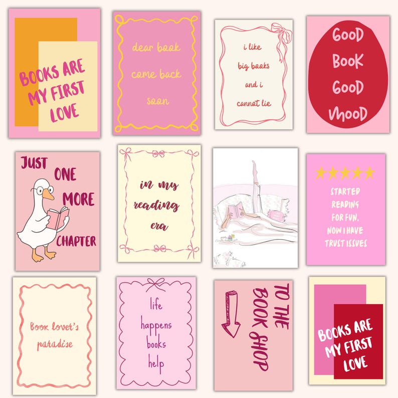 May include: A collection of pink and cream-colored cards with various book-themed quotes and illustrations. Some cards feature text like "Books are my first love" and "Just one more chapter." Other cards have illustrations of a goose reading and a person reading in bed.