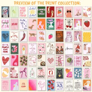 May include: A selection of art prints with diverse illustrations and text. The prints include images of animals, food, and motivational quotes. The prints are arranged in a grid, displaying a range of designs and themes, suitable for home decor.