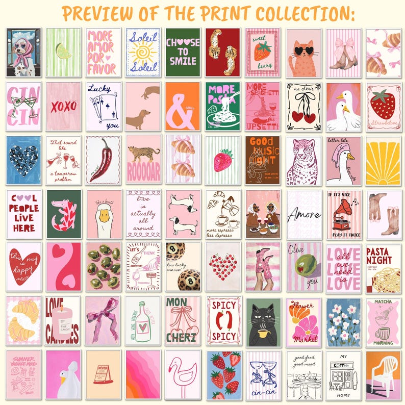 May include: A selection of art prints with diverse illustrations and text. The prints include images of animals, food, and motivational quotes. The prints are arranged in a grid, displaying a range of designs and themes, suitable for home decor.
