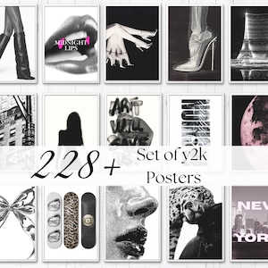 May include: A set of framed y2k-themed posters. The collection features black and white images, including lips, a high heel, and a cityscape. The text "MIDNIGHT LIPS" and "ART WILL SAVE" are visible. The set includes 228+ posters.