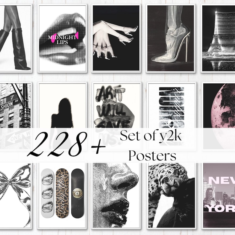 May include: A set of framed y2k-themed posters. The collection features black and white images, including lips, a high heel, and a cityscape. The text "MIDNIGHT LIPS" and "ART WILL SAVE" are visible. The set includes 228+ posters.