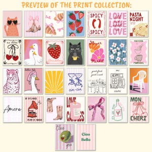 May include: A collection of framed art prints with various illustrations. The prints feature images of food, animals, and phrases like "Spicy," "Love," and "Ciao Bella." The color palette includes pink, red, and white, with some black and yellow accents.