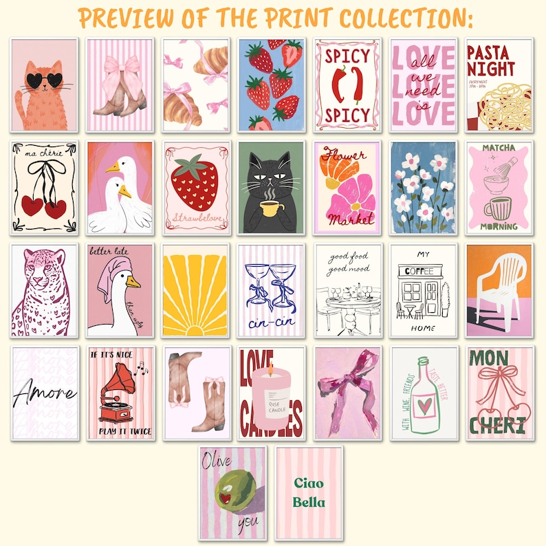 May include: A collection of framed art prints with various illustrations. The prints feature images of food, animals, and phrases like "Spicy," "Love," and "Ciao Bella." The color palette includes pink, red, and white, with some black and yellow accents.