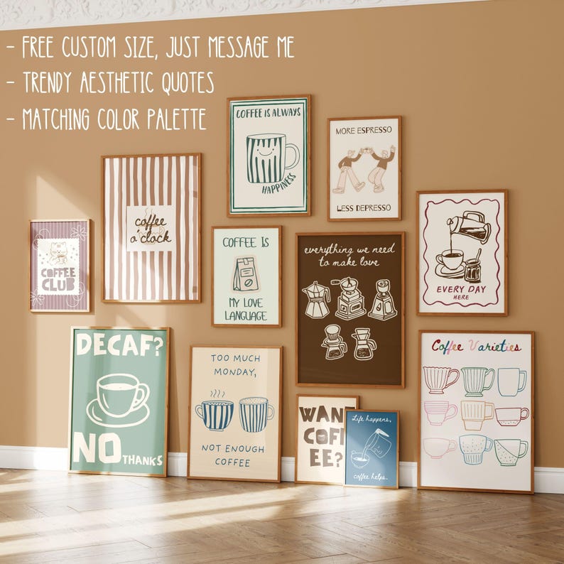 100 Coffee Poster Bundle, Coffee Shop Wall Art Set, Cute Preppy Kitchen Decor, Dopamine Coffee Prints, Retro Cafe Wall Art image 3