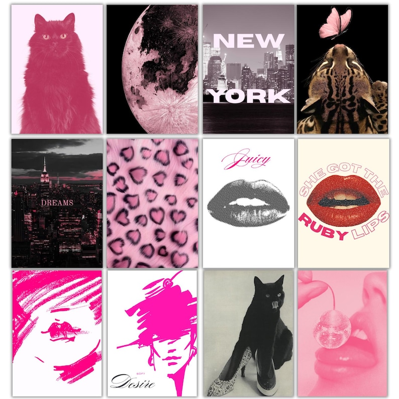 May include: A set of pink and black art prints. The prints include a pink cat, a moon, the New York skyline, an ocelot with a butterfly, the Empire State Building, a leopard print, lips with the word "Juicy", lips with the text "She Got The Ruby Lips", an eye, a fashion illustration with the word "Desire", a black cat with heels, and lips with a disco ball.