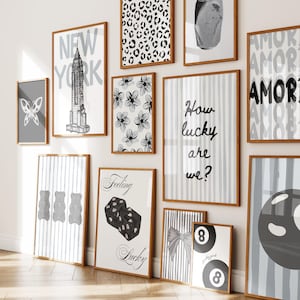 Pu&ograve; includere: Una collezione di stampe artistiche incorniciate in vari formati e design. Le stampe presentano una farfalla, lo skyline di New York, motivi floreali e il testo che recita "How lucky are we?" e "Feeling Lucky". La tavolozza dei colori &egrave; principalmente bianco, nero e grigio.