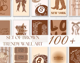 Cowgirl Western Wall Art Set of 100 – Brown and Beige Preppy Y2K Aesthetic Gallery Prints for Dorm Room, Bedroom & Apartment Decor