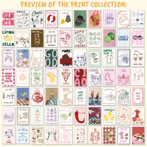 May include: A selection of art prints with food and drink illustrations. The prints feature phrases such as "Pasta Club," "Ciao," and "Bon App&eacute;tit." The prints are arranged in a grid, showcasing a variety of designs and colors, with text and illustrations.