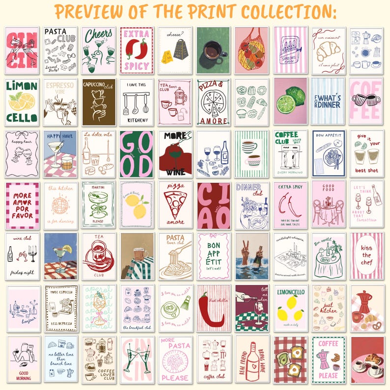 May include: A selection of art prints with food and drink illustrations. The prints feature phrases such as "Pasta Club," "Ciao," and "Bon App&eacute;tit." The prints are arranged in a grid, showcasing a variety of designs and colors, with text and illustrations.