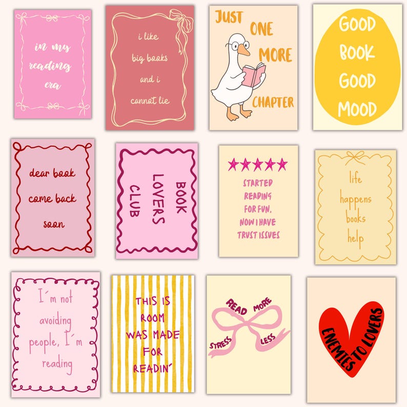 May include: A collection of twelve rectangular cards with various designs and text. The cards feature quotes and illustrations related to reading and books. Colors include pink, yellow, and red, with decorative borders and fonts.