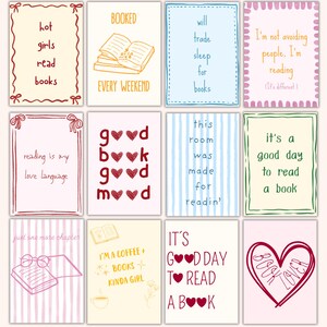 May include: A collection of twelve illustrated cards with various quotes about reading. The cards feature hand-drawn designs, including books, hearts, and decorative borders. Text includes phrases like "hot girls read books" and "reading is my love language."