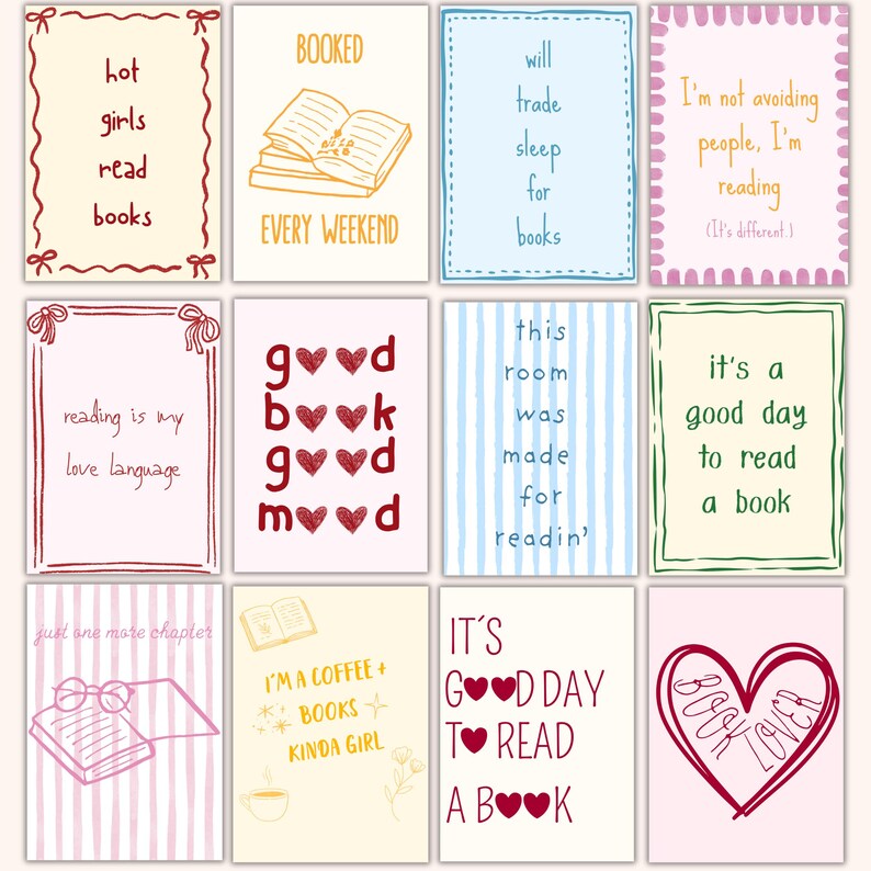 May include: A collection of twelve illustrated cards with various quotes about reading. The cards feature hand-drawn designs, including books, hearts, and decorative borders. Text includes phrases like "hot girls read books" and "reading is my love language."