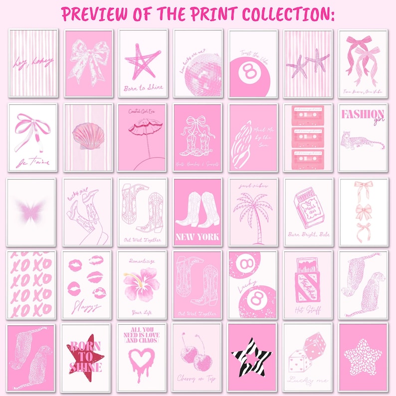 May include: A collection of thirty-five rectangular wall art prints featuring a pink color palette. The designs include illustrations of bows, cowboy boots, stars, seashells, palm trees, dice, cherries, leopards, and text like PREVIEW OF THE PRINT COLLECTION.