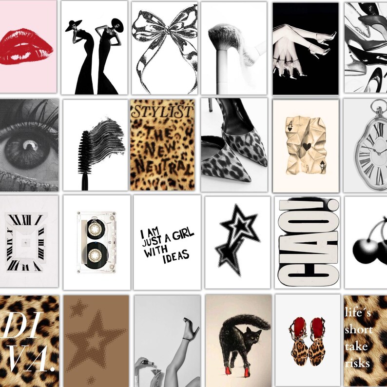 May include: A collection of fashion-related images. Features a red lip, women in gowns, a bow, a makeup brush, an eye, a mascara brush, leopard print, a cassette tape, text reading "I AM JUST A GIRL WITH IDEAS", and a black cat wearing red heels.