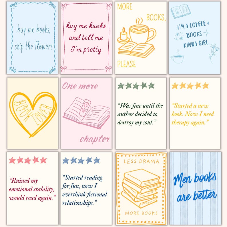 May include: A collection of twelve rectangular cards with various book-themed illustrations and text. The cards feature quotes like "buy me books, skip the flowers" and "I'm a coffee + books kinda girl."