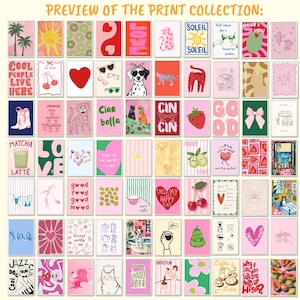 May include: A selection of vibrant art prints featuring diverse designs, such as a sun, a heart, a dalmatian, a strawberry, and text like "Cool People Live Here" and "Ciao Bella". The prints are displayed in a grid arrangement.