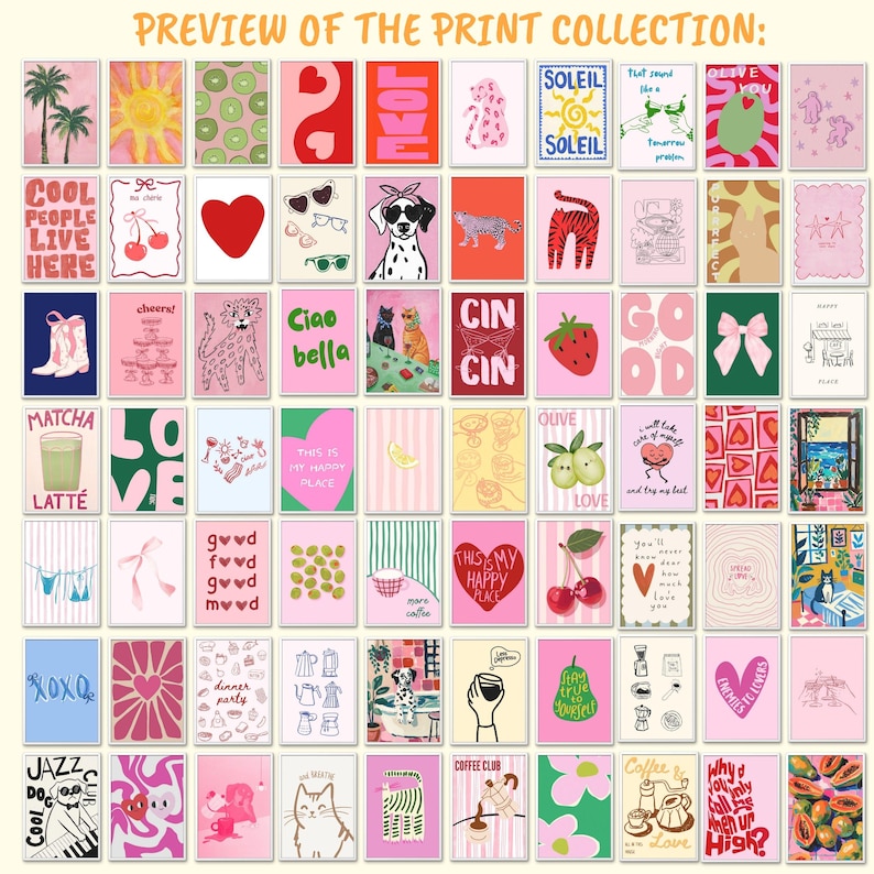 May include: A selection of vibrant art prints featuring diverse designs, such as a sun, a heart, a dalmatian, a strawberry, and text like "Cool People Live Here" and "Ciao Bella". The prints are displayed in a grid arrangement.