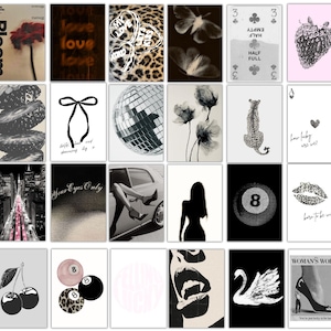 May include: A set of 24 art prints with diverse designs. The prints showcase images of flowers, hearts, butterflies, playing cards, a disco ball, a leopard, a cityscape, a woman's silhouette, a pool ball, lips, a swan, and text. The color scheme is mainly black, white, and grey.