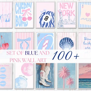 May include: A set of framed wall art prints in blue and pink hues. The prints showcase diverse designs, such as cherries, an 8-ball, the Statue of Liberty, and text that reads "Cherry Bomb" and "New York". The phrase "Set of Blue and Pink Wall Art" is also visible.