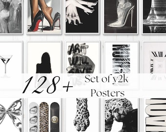 128 Y2K Fashion Wall Art Prints: Black and White Leopard Set