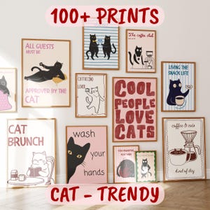 Puede incluir: Una colección de impresiones enmarcadas con temática de gatos con varios diseños y texto. Las impresiones presentan gatos negros en diferentes poses, con frases como "Cool People Love Cats" y "All Guests Must Be Approved By The Cat". El texto "100+ Prints" y "Cat - Trendy" también son visibles.