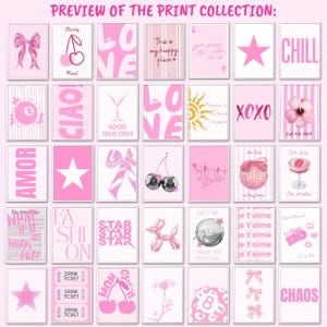 May include: A collection of thirty-five rectangular wall art prints featuring a pink color palette. The designs include illustrations of bows, cherries, disco balls, stars, flowers, martini glasses, and text such as CHILL, AMOR, FASHION, and CHAOS.