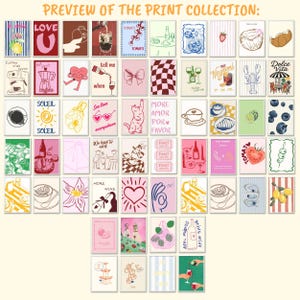 May include: A selection of art prints showcasing diverse illustrations. The prints depict food, beverages, and phrases such as "LOVE", "TOMATO", and "MORE AMOR POR FAVOR". The color scheme incorporates pink, red, blue, and yellow.