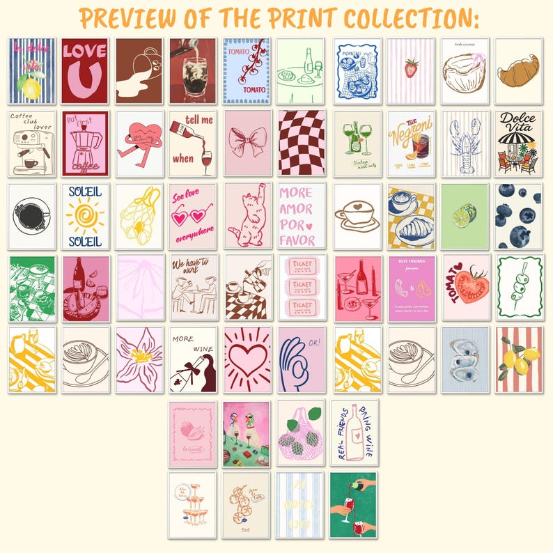 May include: A selection of art prints showcasing diverse illustrations. The prints depict food, beverages, and phrases such as "LOVE", "TOMATO", and "MORE AMOR POR FAVOR". The color scheme incorporates pink, red, blue, and yellow.