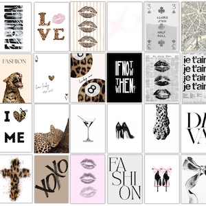May include: A set of framed art prints with diverse designs. The prints display text such as "LOVE", "FASHION", and "IF NOT THEN?" alongside images of lips, leopard print, playing cards, and high heels. The color scheme is mainly black, white, and neutral shades.