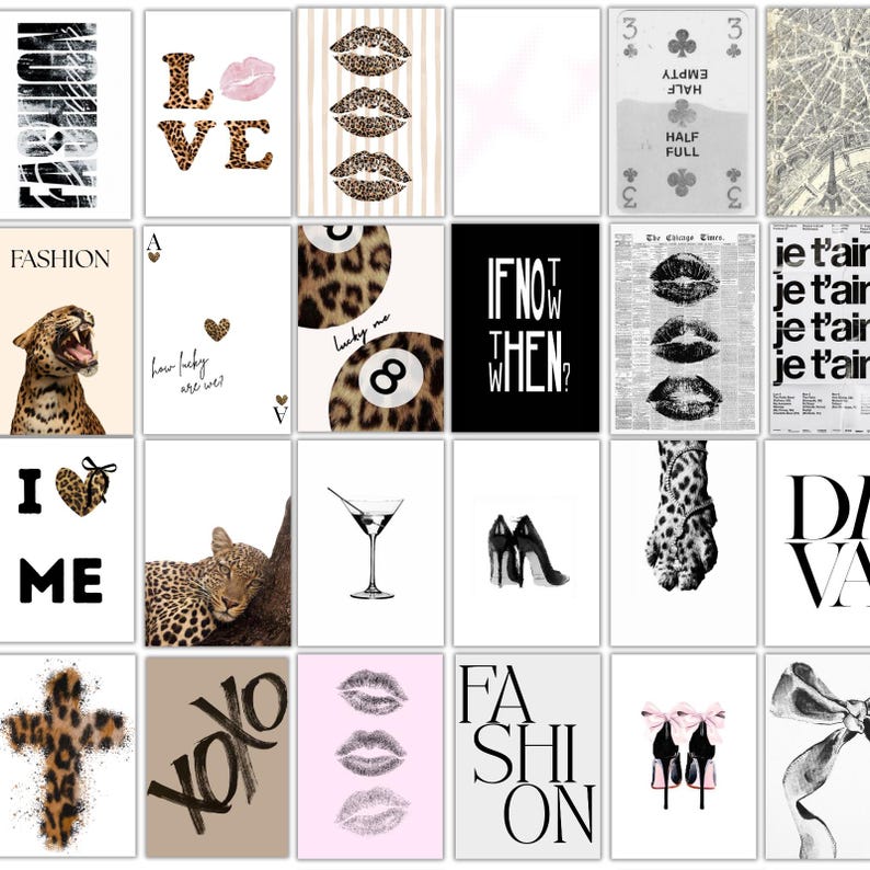 May include: A set of framed art prints with diverse designs. The prints display text such as "LOVE", "FASHION", and "IF NOT THEN?" alongside images of lips, leopard print, playing cards, and high heels. The color scheme is mainly black, white, and neutral shades.